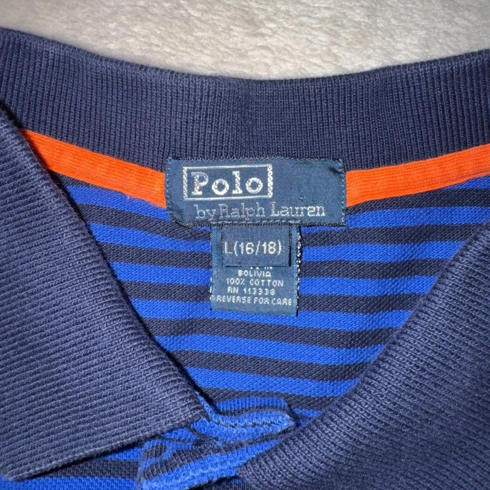 Polo Ralph Lauren Boys Blue Striped Short Sleeve Polo Shirt Size L 16/18 Pony